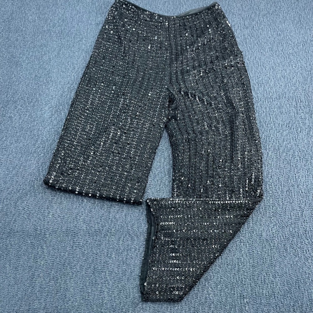 Vintage Black Beaded Silk Wide Leg Pants Sequin Evening Trousers Large‎